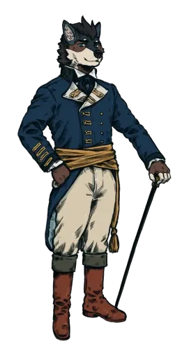 A handsome wolfman in dapper clothing holding a cane with the other hand in his pocket. He looks at you, slyly.