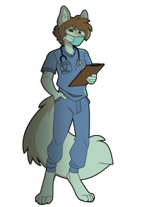 Illustration of Nurse Egee, a cartoon character with fox-like features, wearing scrubs and a medical mask, holding a clipboard.