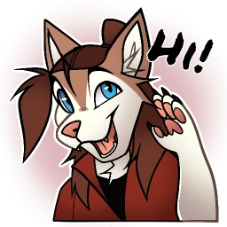 A colorful animated character with blue eyes and brown hair, waving and smiling, set against a circular pink background.